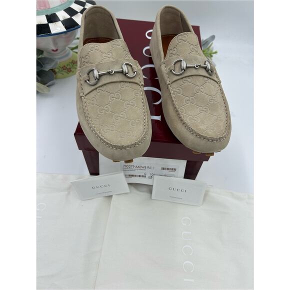 Men\'s Gucci suede oatmeal horse bit driver loafers size 10.5 fits 11 US main image 4